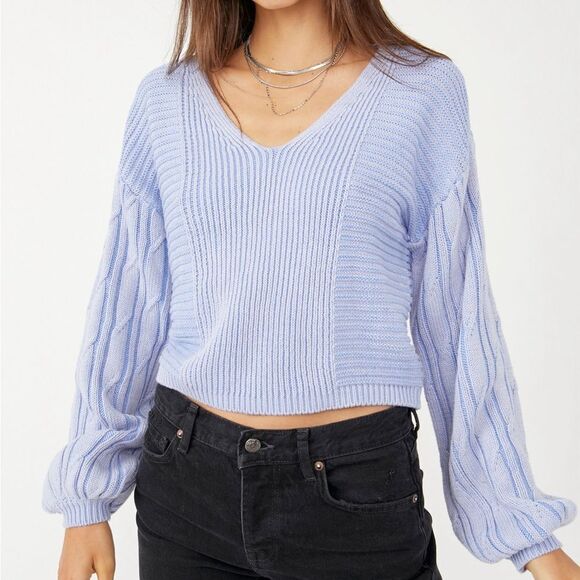 FREE PEOPLE “When It Rains” Vneck Drop Shoulder Sweater in Blue Size S - Picture 1 of 7